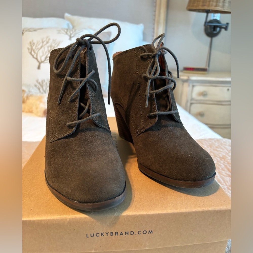 Lucky Brand Dark Moss Suede Wedge Boots. Like new! Only worn one time